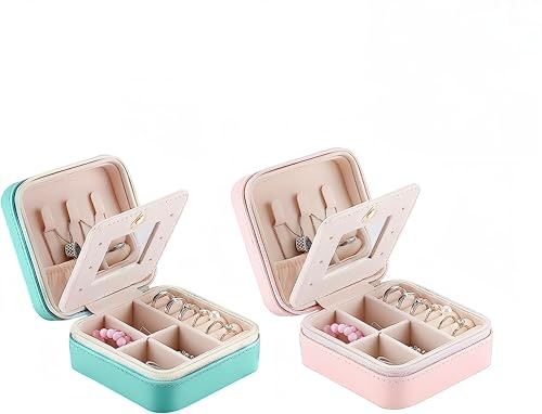 Aucuu 2PCS Joyero Pequeña, Joyero Viaje con Espejo, Portátil Jewelry Organizer para Mujer, Joyero Pequeño para Mujeres, Cajas Pequeño para Joyas para Anillos, Collares, Pulseras, Aretes-Rosa+Azul