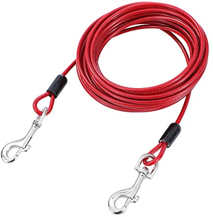 TOPWAY Cable para Atar Perros 9m Acero Galvanizado Cable de Amarre para Perros, Amarre para Mascotas, para Exteriores Jugar, Acampar y en el Patio Trasero, Rojo