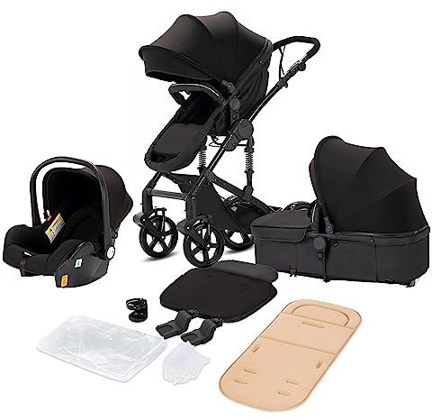 Magic ZC Kinderwagen 3 in 1, Kombikinderwagen 3 in 1 Komplettset mit Umkehrbarem Zwei-Wege-Schub, Buggy mit Zubehör Hohe Landschaft, Faltbarem Tragbarem One-Click-Design (588 Black)
