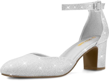 PIZZ ANNU Zapatos Mujer Comodos Vestir Chunky Punta Redonda Tira de Tobillo Tacones Fiesta y Salon Plata EU 37