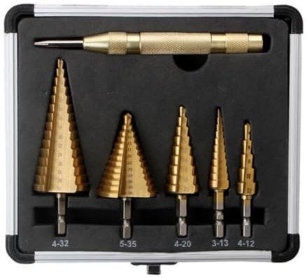 GIONAR 5 Pcs Step Drill Bits Set, Cone Drill Bit with Automatic Center Punch, Titanium Coated Cone Cutter for Plastic Wood Metal Aluminum Iron DIY