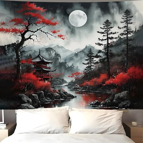 Atrippy Anime Japanese Wall Tapestry for Bedroom Aesthetic, Black Forest Moon Tapestry Wall Hanging, Vintage Nature Mountain Art Decor Tapestries Dark Landscape Backdrop for Living Room 51X60