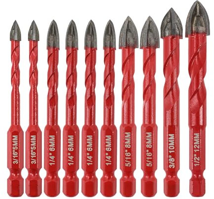 FOCSTOL Masonry Drill Bits Set - 10pcs Carbide Drill Bits Set with Quick Change Hex Shank for Wood Plastic Foam Tiles Softer Materials (5mm*2+6mm*4+8mm*2+10mm+12mm)