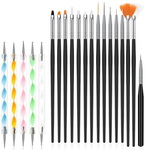 URAQT Nail Art Brushes Set, 15pcs Acrylic Brushes & 5pcs Dotting Tools, DIY & Professional Nail Art Painting Kit, Black