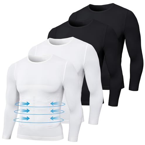 MEETWEE 4 Pack Men's Compression Shirts Long Sleeve Workout Shapewear for Men,Dry Fit Slimming Body Shaper Undershirt