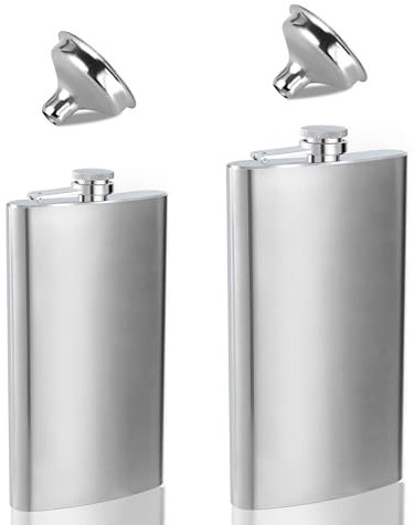 2 Pack Hip Flasks for Men Women, 8 Oz & 10 Oz Stainless Steel Leakproof Thin Flasks with Funnel for Climbing Camping Barbecue Bar Party Drinker,Portable Pocket Whiskey Flask for Liquor for Men Women