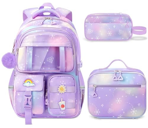 School Backpack for Girls - 5pcs Cute Girls Backpack with Lunch Box for Teens Kids Elementary Middle School - 17″ Students Bookbag Travel Back Pack for Age 6-18