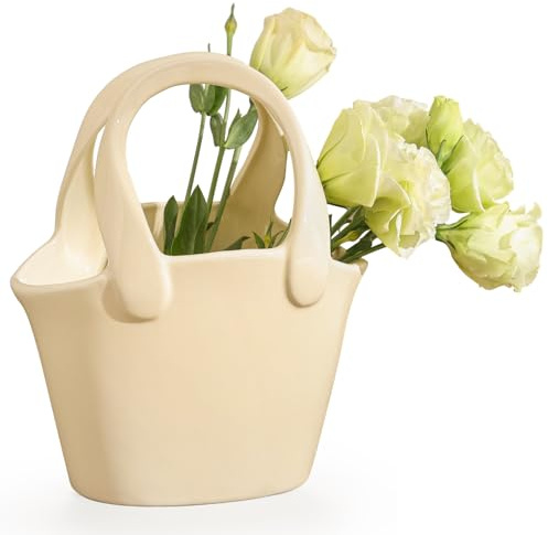 Dizada Ceramic Purse Vase for Flowers 8 - Porcelain Handbag Vase for Modern Farmhouse Decor, Decorative Flower Vase for Table, Bedroom, Entryway, Wedding, Warm White