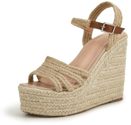 Sandali con Zeppa per Le Donne: Tacchi A Punta Aperta per Le Donne - Comode Cunei Espadrillas Cinturino alla Caviglia Piattaforma Tacchi Alti Scarpe da Vacanza,Beige,39 EU