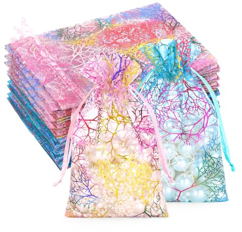 G2PLUS 50PCS Coral Patterned Organza Bags, 10x12cm, Blue and Pink