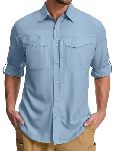 Winebox Mens Hiking Shirts Long Sleeve Sun Protection Safari Quick Dry Breathable Travel Shirt with Pockets for Walking Fishing Camping(Blue-L)