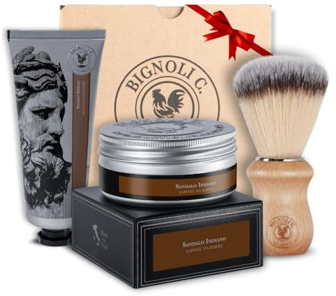 Bignoli Set Rasatura Tradizionale – Kit Barba Uomo - Sapone da Barba 175g + Crema Dopobarba 75ml + Pennello | Qualità Artigianale - Set Regalo Uomo