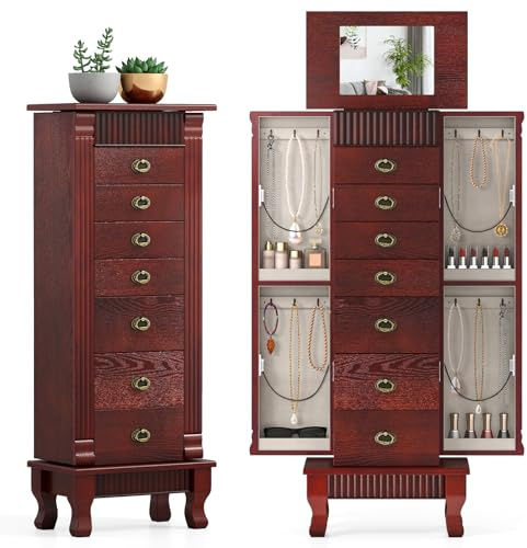 Giantex Standing Jewelry Cabinet with 7 Drawers, Flip-Top Mirror, 2 Side Doors with 12 Necklace Hooks, Divided Ring Compartments, Velvet-Lined Jewelry Armoire Organizer Chest (Cherry)