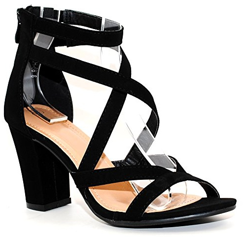 TRENDSUP COLLECTION Women's Chunky Heel Ankle Strap Sandals (8, Black)