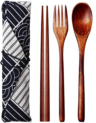 nuoshen Wooden Tableware,3PCS Japanese Style Wooden Cutlery Set in an Oriental Style Pouch with 1 x Spoon, 1 x Fork, 1 x Chopsticks with Pouch Sushi Dinnerware Tableware for Family Travel
