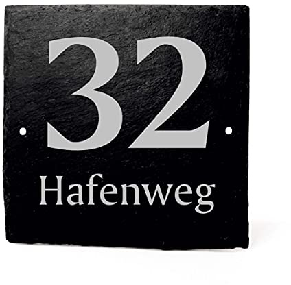 Hausnummernschild Hausnummer Schiefer mit Gravur - Ihre Hausnummer & Straßenname | Türschild 11x11cm | Dekolando