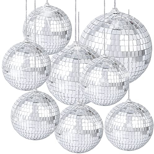 8 Pieces Mirror Disco Balls Disco Party Decoration DJ Light Effect Silver Stage Props Silver Hanging Disco Light Mirror Ball for Retro Party, Fun Party, Home Bands Decorations