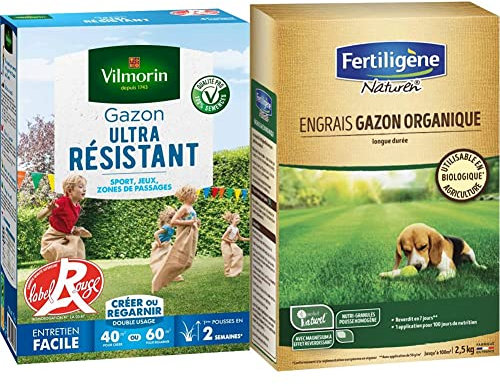 Vilmorin 4462414 Gazon Ultra Résistant, Vert, 1 kg & NATUREN Engrais Gazon Organique 100m² 2,5kg