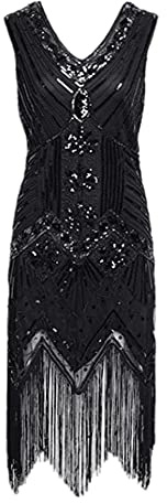 HAHAEMMA Robe vintage des années 1920 pour femme Charleston Flapper - Robe Gatsby à paillettes et glands ourlet - Robe de cocktail Flapper - Robe de bal - Robe de soirée - Robe de fête cocktail