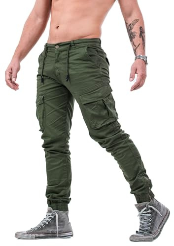 Instinct Pantaloni Uomo Cargo Estivi con Tasche Laterali Lacci in Vita Pants Multitasche Zip alla Caviglia Stile Militare Casual:Pantalone Tasconato Slim Fit in Cotone Primavera Estate 48, Verde K-573