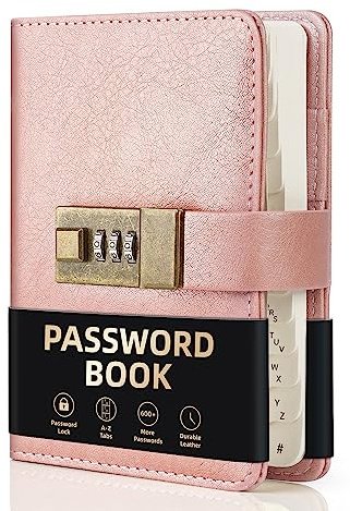 WEMATE Livre de mots de Passe Verrouillable, Livre de mots de Passe Alphabétique, plus de 600 Espaces pour les mots de Passe, Organisateur de Codes,Or Rose
