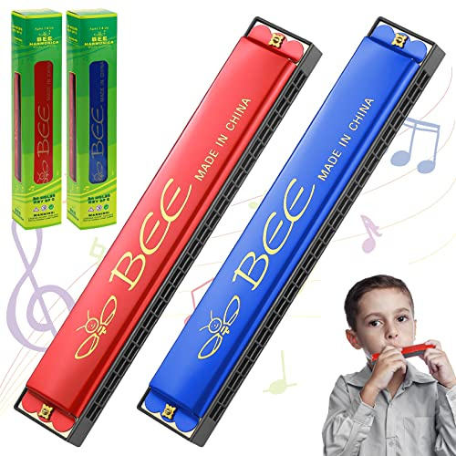 GZLCEU Lot de 2 harmonica pour enfants, 24 trous, bleu/rouge, pour professionnels, débutants, étudiants, adultes (aluminium/plastique)