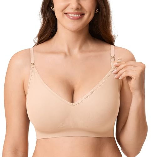 MOMANDA Sleep Nursing Bras for Breastfeeding Seamless Wirefree Maternity Bra V Neck Comfortable Bralette Beige Medium