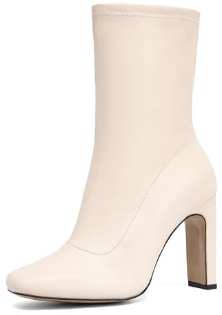 NEWBELLA Women's Classic Square Toe Heeled Boots - Side Zipper Vegan Leather Booties with Non-Slip Rubber Sole for Office & Winter, Apricot 8