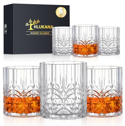 Hlukana Unbreakable Plastic Whiskey Glasses Set of 6, 14 Oz Old Fashioned Glasses for Scotch Cocktail Rum Bourbon Vodka Liquor, Unique Gifts for Men, Reusable, Clear, BPA-free, Dishwasher Safe