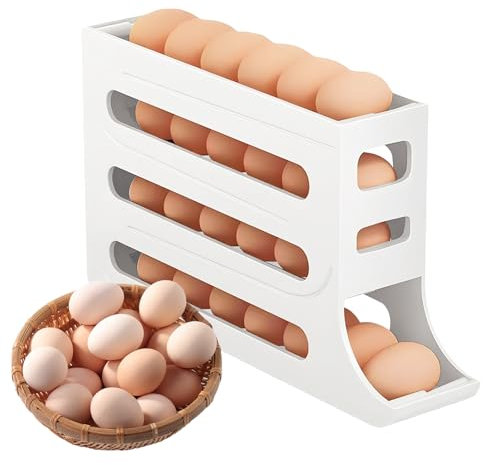 Portauova a 4 ripiani per frigorifero, porta uova a scorrimento automatico, dispenser salvaspazio per uova con rotolamento automatico, organizer per uova