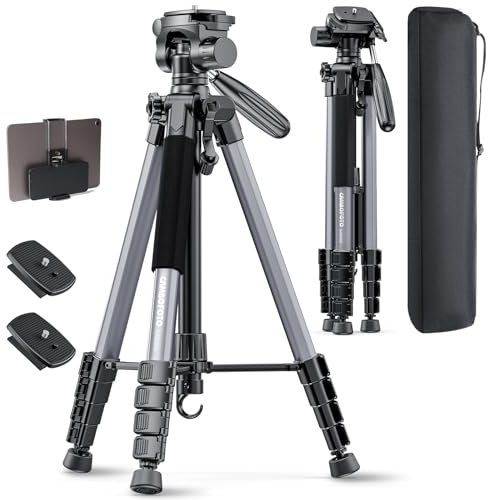 CAMBOFOTO Trépied Compact pour Appareil Photo 188 cm, Tête Panoramique 360° - Léger (1.4 kg) et Stable, Design Pliable avec Sac de Transport, Compatible DSLR/Smartphone/Caméra Vidéo (Gris)