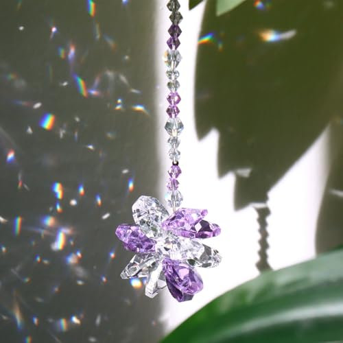 DEMIUKO Crystal Sun Catcher for Windows Purple Crystal Flower Suncatcher Pendant Hanging Crystals Glass Prism Ornament Rainbow Maker Suncatcher for Chandelier Car Interior Home Garden Decor