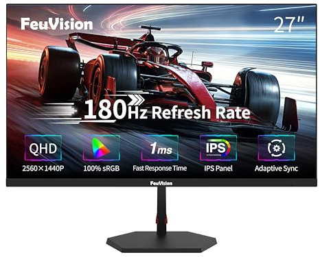 FeuVision 27inch Gaming Monitor 180Hz, QHD 2560 * 1440p, IPS Panel, 0.5ms Response Time, Adaptive sync, PC Computer Monitor, 3-Sided Frameless, Ultra Slim, 100% sRGB, Bluelight Filter, DP*2, HDMI*2