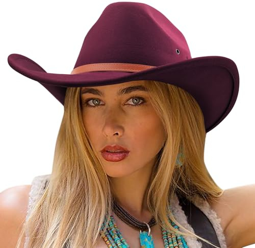 DRESHOW Cowboy Hat for Women and Men Cattleman Western Retro Fedora Felt Cowgirl Hats Outdoor Wide Brim with Buckle Belt Unisex Rolled up Caps
