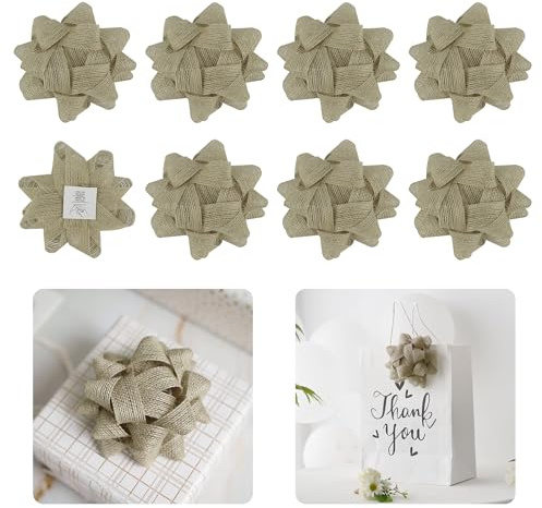 LiBongTa 4.5 Inch x 8 PCs Burlap Gift Bows Self Adhesive Bows for Gift Wrapping, Treat Bags, Party Favor, Wrapping Bow for Presents, Christmas, Holiday, Wedding, Thanksgiving, Natural Rustic Bow