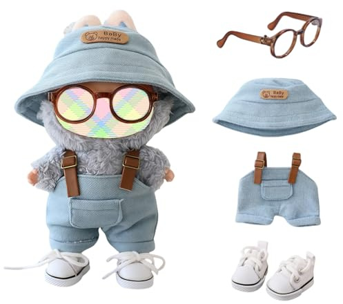 Clothes for Lu bubu Doll Accessories, Stylish Kawaii Overalls Outfit Set 4 Pieces Bib Pants for 17cm Dolls, Cute Doll Hat Shoes Clothing Set Replacement Blue (No Dolls)