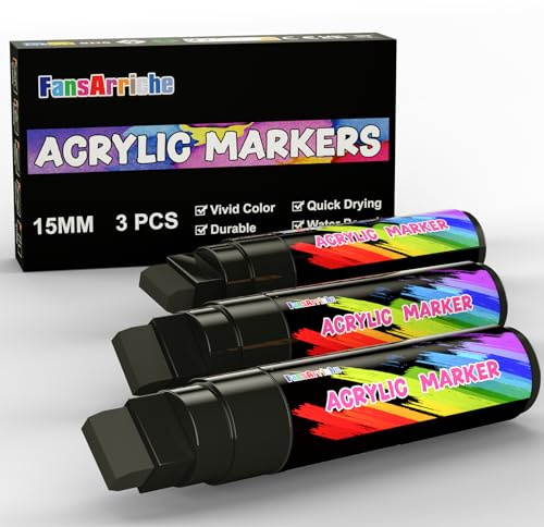 FansArriche Rotuladores acrílicos, 15 mm punta de fieltro jumbo, impermeables y permanentes lápices de colores blanco y negro para marcadores, señales, caligrafía y pinturas al aire libre-3 negro