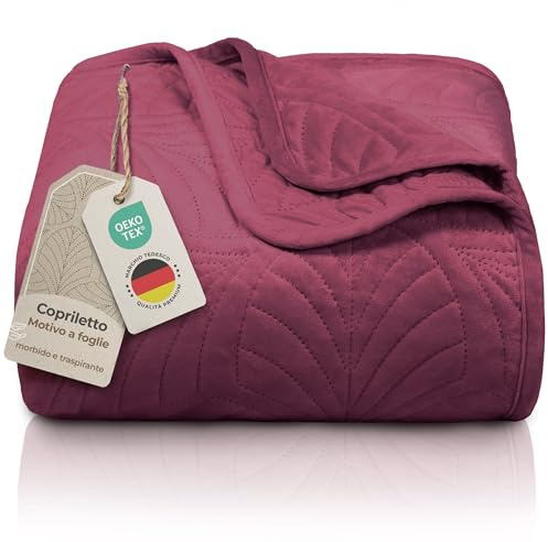 Gräfenstayn copriletto trapuntato matrimoniale 240x260 cm estivo in poliestere – certificato OEKO‑TEX, antigualcitura, decor foglia – elegante coperta letto & sofà (bordeaux)