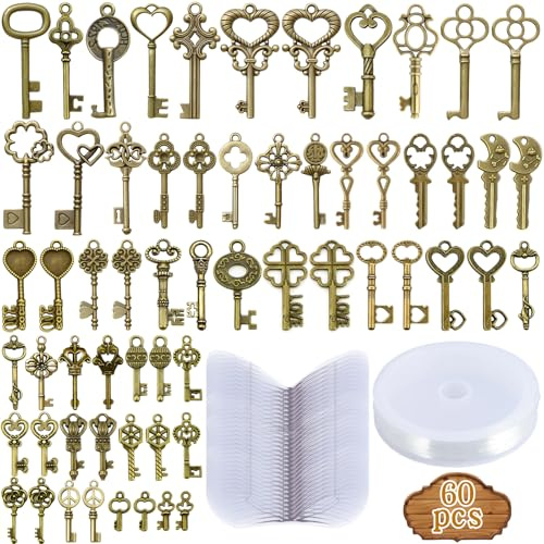 ZLPBAO Juego de 60 colgantes vintage con forma de llave antigua, con 60 colgantes de alas de libélula, 1 alambre de perlas de 30 metros, bronce antiguo, decoración vintage