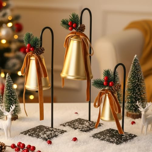 AceOrbit 3 Pcs Bells Stands Table Decor Vintage Bell Stand Metal Cow Bells with Velvet Ribbon Metal Stand Ornament Display Bow Handmade Bell Gift for Xmas Home Rustic Farmhouse Holiday Decor