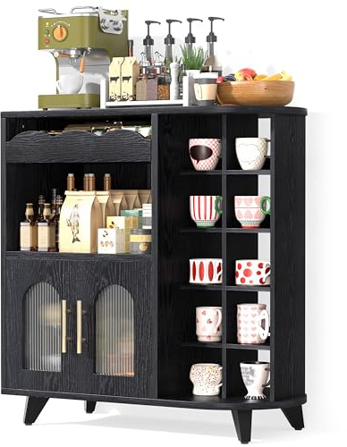 VINCOURNA Kitchen Storage Cupboard with Mug Holder Display Black | Kitchen Sideboard with Drawers, Pantry Cabinet Unit– Perfect for Coffee Station, Living Room Buffet & Home Drinks Bar