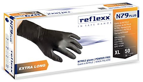 Reflexx N79P, Guanti in Nitrile senza Polvere Extra Lungo 30 Cm, Gr 7.7, 50 Pezzi, Nero