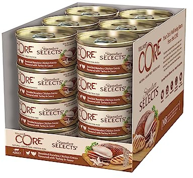 Wellness CORE Signature Selects 24x79g, Poulet & Dinde – Nourriture Humide | Effilochés en Sauce Pour Chat Adulte, Sans Céréales, Naturelles, Hypoallergénique, Riche en protéines, Haute Teneur en Viande