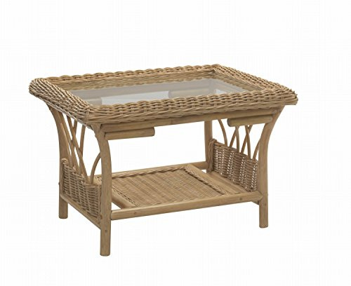 Desser Viola Coffee Table with Storage Shelf – Glass Top Table with Light Oak Wicker Rattan Cane Pole Frame – Luxury Indoor Conservatory or Living Room Furniture - H48cm x W72cm x D60cm