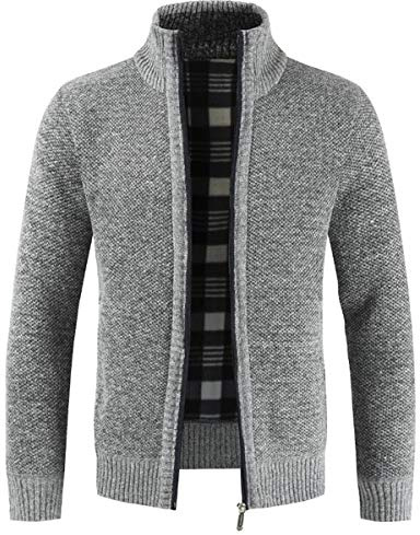 Sliktaa Herren Strickjacke Reissverschluss Cardigan Stehkragen Grobstrick Fleecejacke Warm Sweater Jacke Hellgrau L