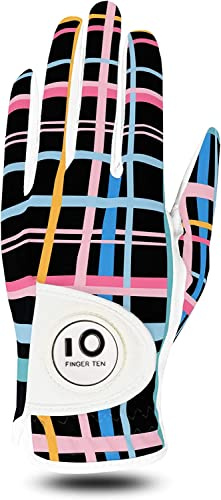 FINGER TEN Gants De Golf Femme Main Gauche Droite Motif imprimé poignée Marqueur De Balle Pack， Gant Durable Respirant Doux Taille S M L XL Sport (S-Main Gauche(Worn on Left Hand), Noir)