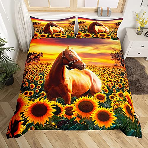 Brown Horse Duvet Cover Set Double Size for Kids Sunflower Bedding Set Animals Comforter Cover with 2 Pillow Shams Ultra Soft Easy Care Microfiber 3D Print Wild Animal Quilt Cover