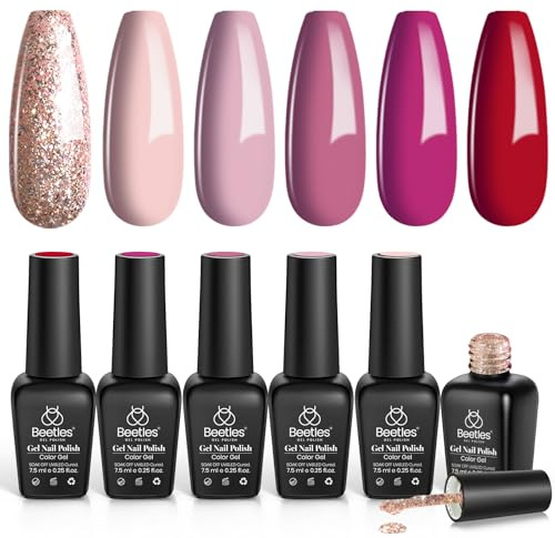 Beetles Lot de 6 vernis à ongles UV - Rose rouge doré nu - Princesse Charmant - Vernis à ongles gel pour débutant - Cadeau - Gel sec pour femmes débutants - 7,5 ml