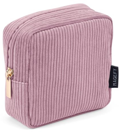 MAGEFY Small Makeup Bag for Purse Mini Cosmetics Bag Corduroy Cute Cosmetic Pouch for Women with Slip-in Pockets (Pink)