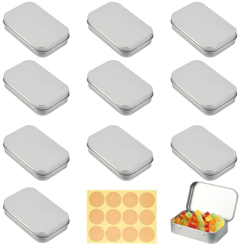 RVLZKCPG 10 Pezzi Scatola Latta, Scatola Latta Rettangolare, Piccolo Scatole di Latta, Mini Scatola Metallo con 12 Adesivi per la Conservazione In Casa (Argento)